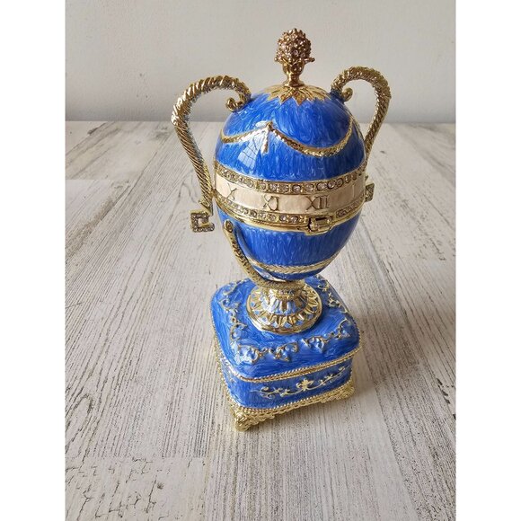 Toscano Katyas Blue trophy egg trinket box hinge jewelry gold rhinestone new - Picture 3 of 8